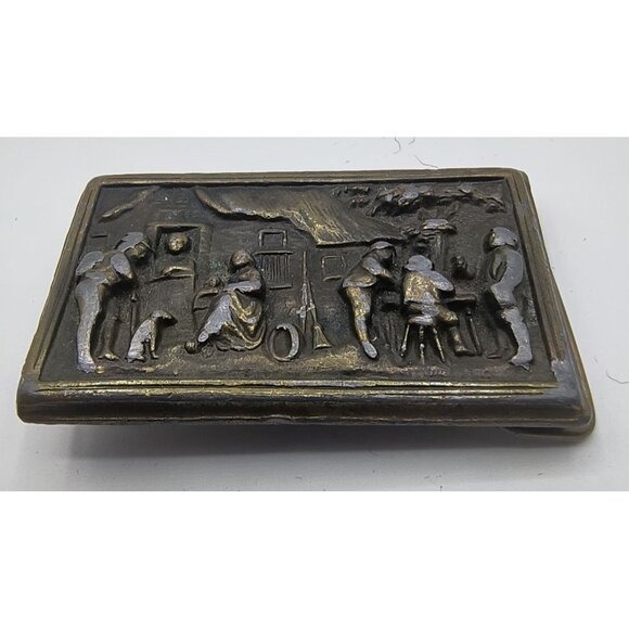 Antique Brass Rectangular Belt Buckle With Rustic Scene Engraving - Picture 2 of 4